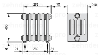 Схема (чертеж) Радиатор Zehnder Charleston 6040/6 №5310 Белый глянцевый RAL 9016